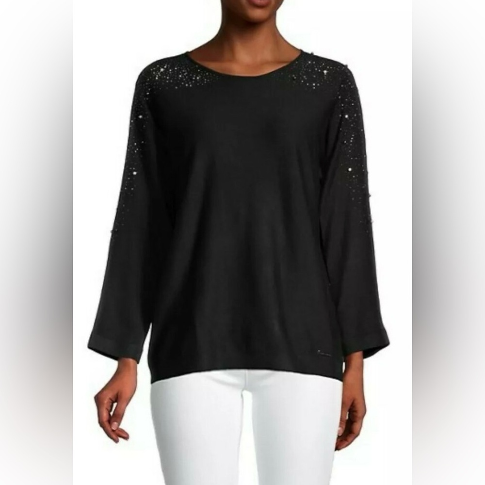 Calvin Klein Black Sweater Women’s Sz. L Round Neck Bracelet Sleeve Embellished
